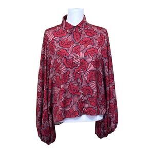 Alexis Nicolette‎ batwing top, pink/maroon gingko leaves, large, dramatic, artsy